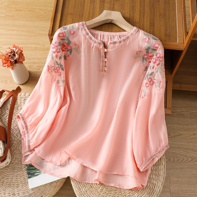 Linen Shirt Breathable - Blus Pakaian Wanita Gaya Cina Kemeja