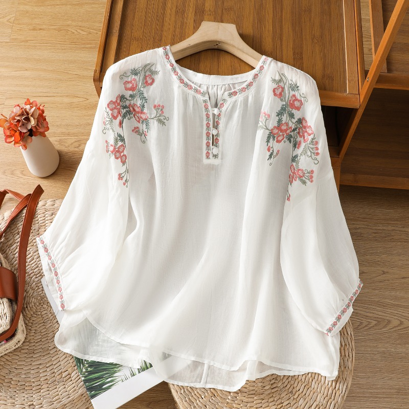 Blus Pakaian Wanita Gaya Cina  - Linen Shirt Breathable ulasan dan harga