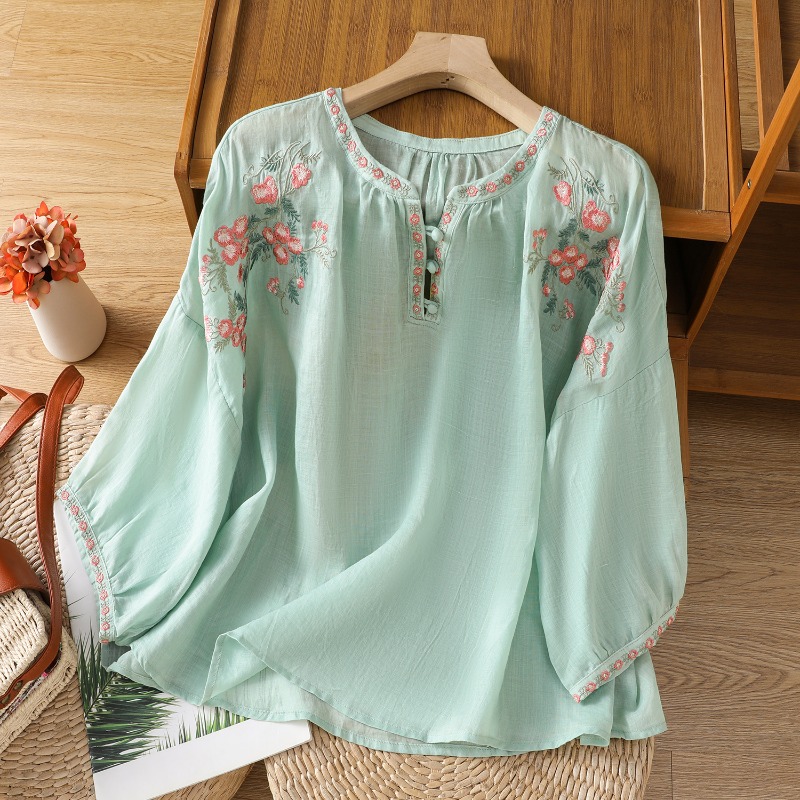 Blus Pakaian Wanita Gaya Cina  - Linen Shirt Breathable ulasan dan harga